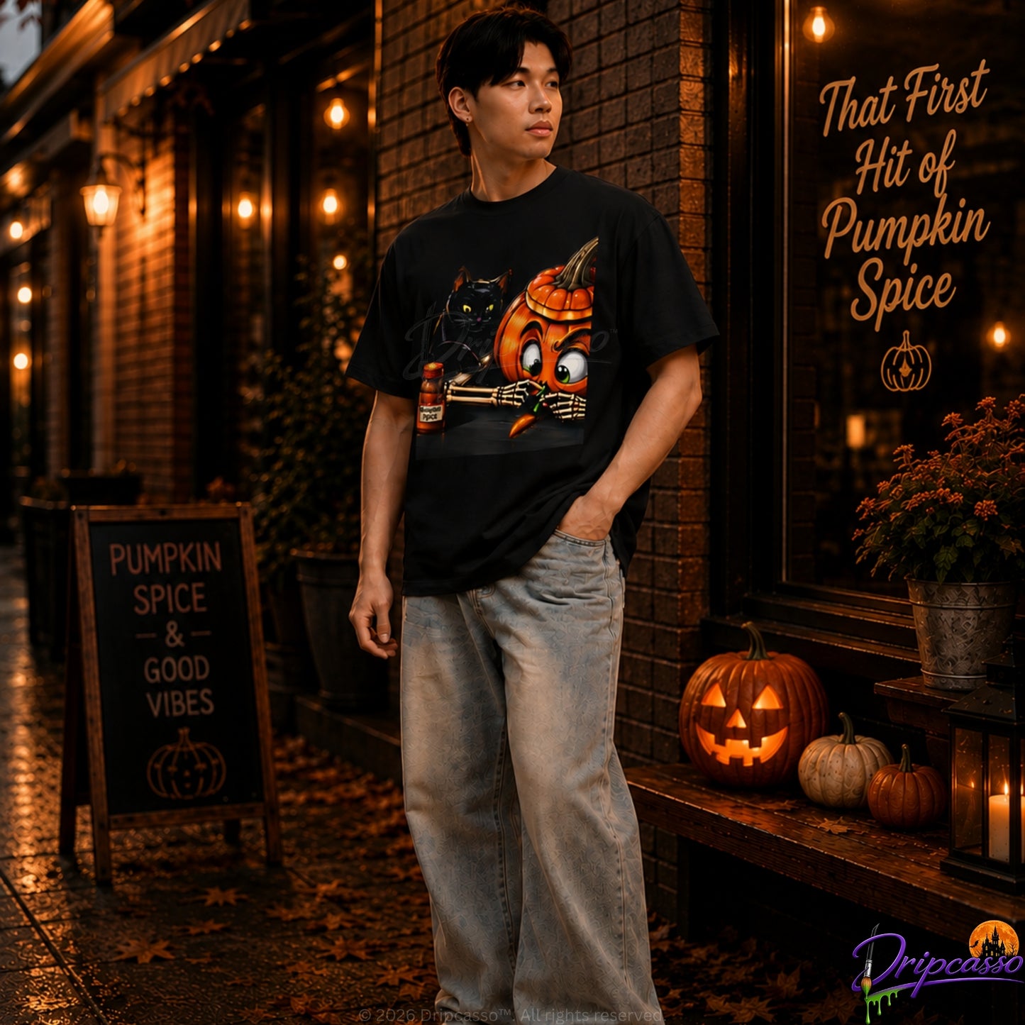 That First Hit of Pumpkin Spice Premium Graphic Men's Oversized Box Tee — Front Print